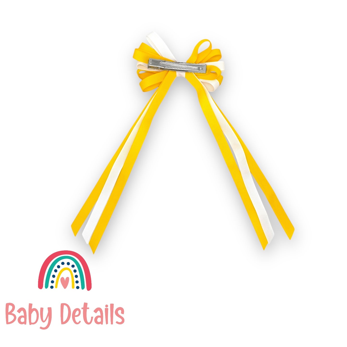 Thin Bow Long Ribbon Hair Clip - Yellow & White