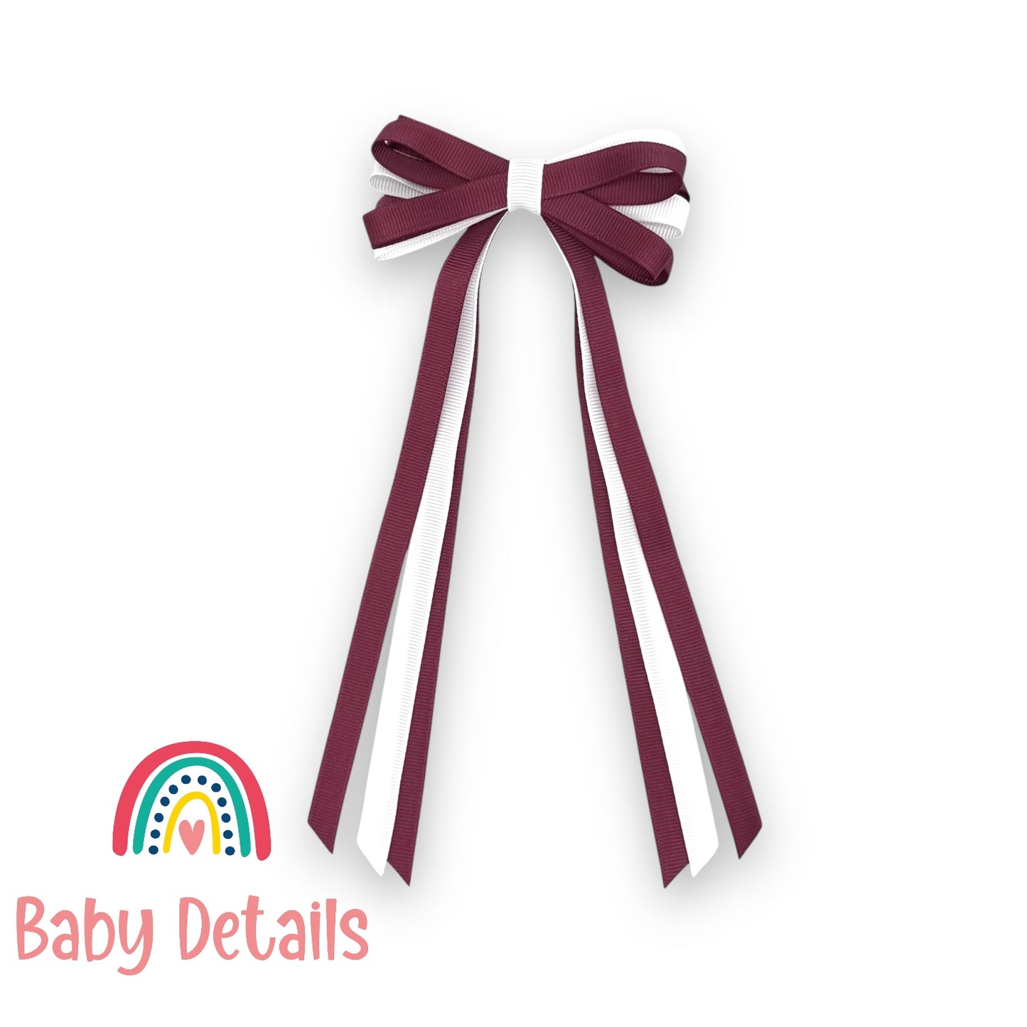 Thin Bow Long Ribbon Hair Clip - Burgundy & White