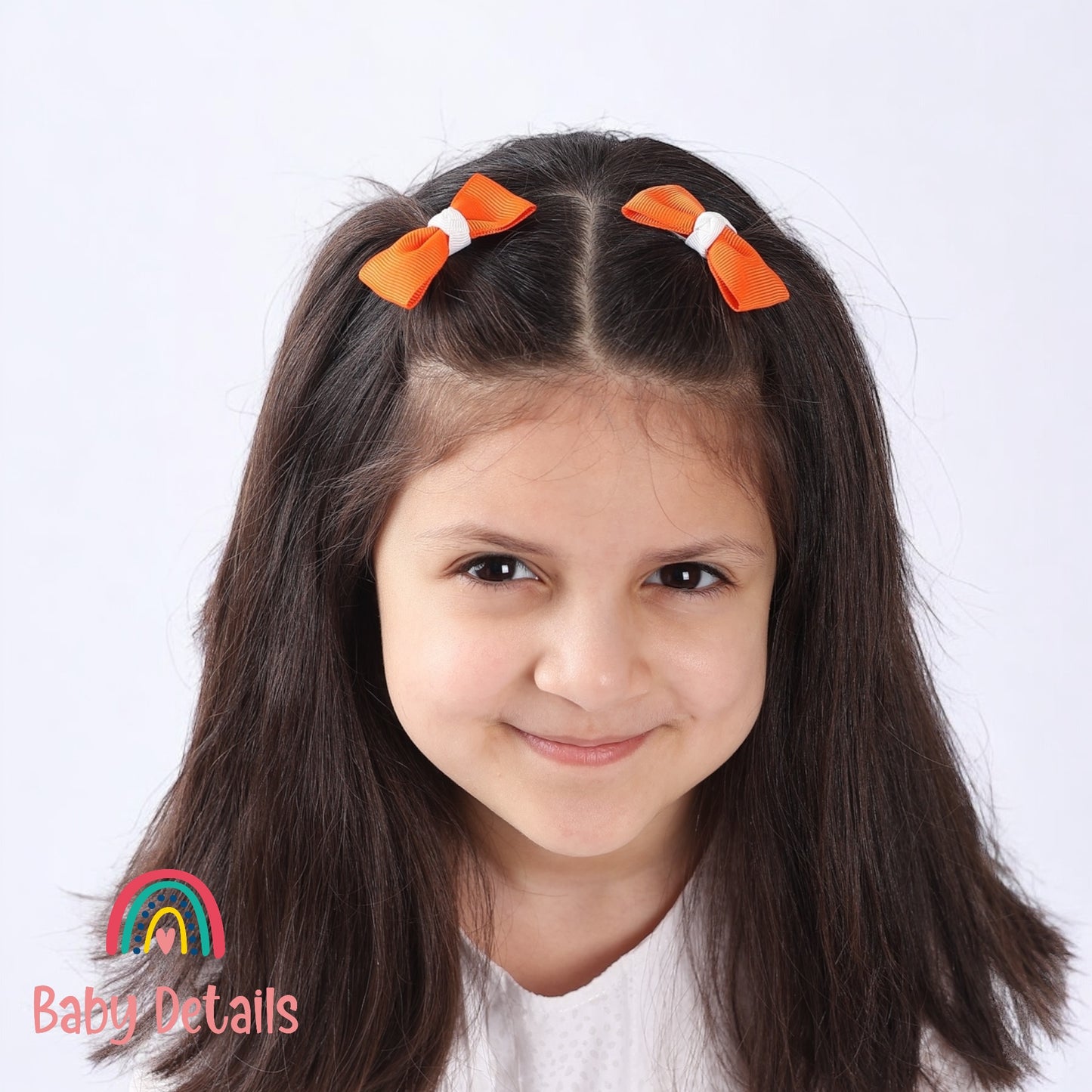 Set of 2 Mini Elegant Bow Hair Clips - Orange & White