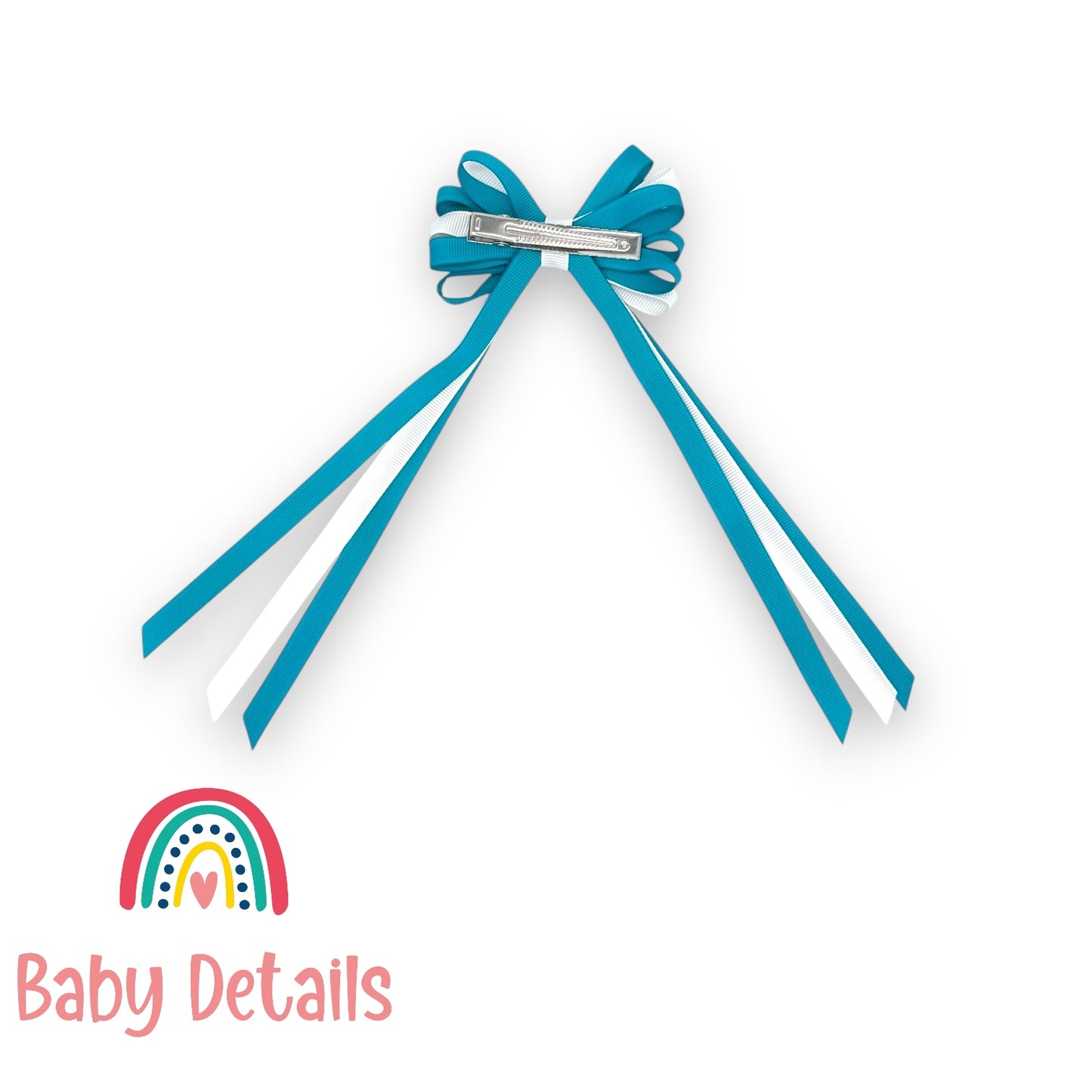 Thin Bow Long Ribbon Hair Clip - Pacific Blue & White