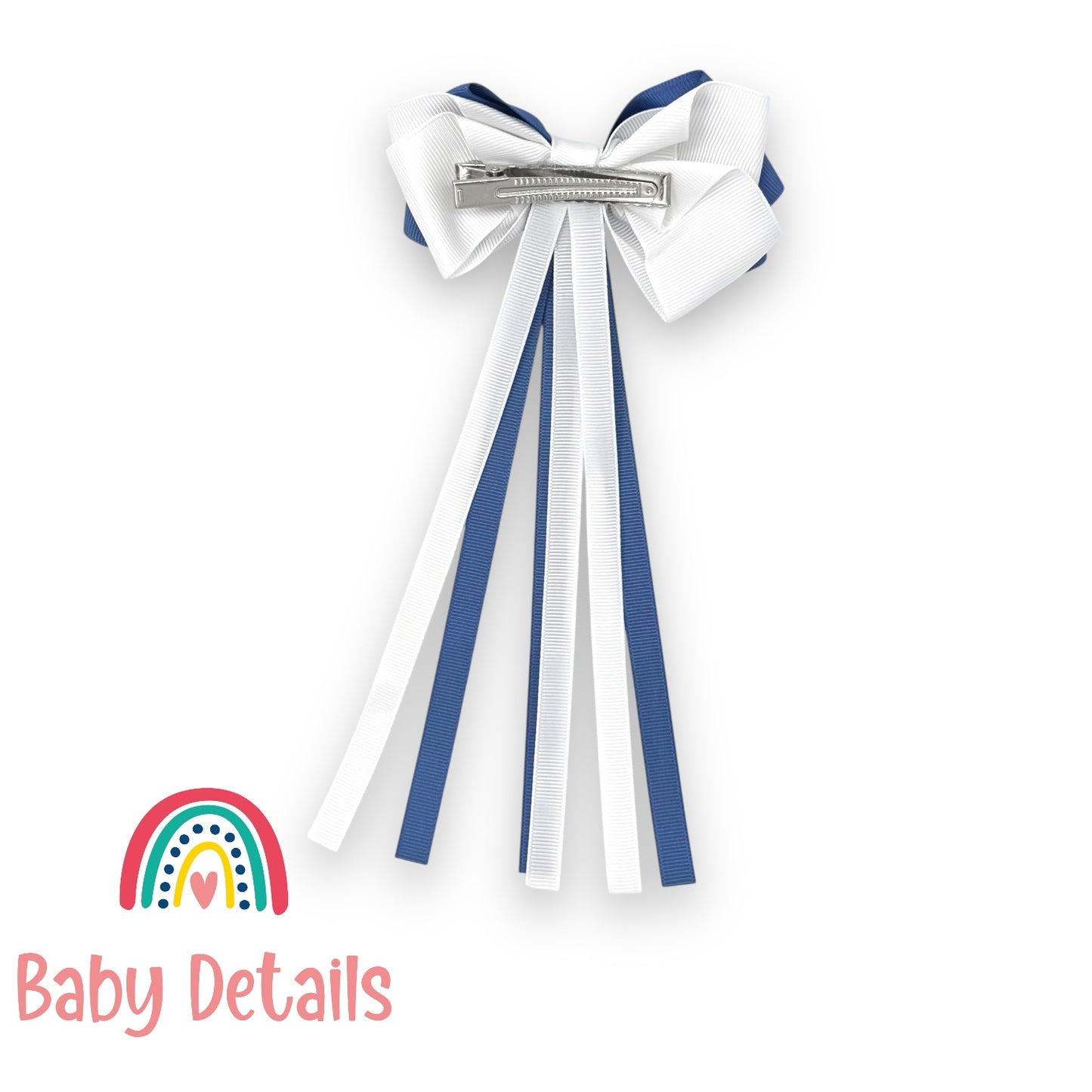 Big Bow Layers with Long Ribbons - Blue Grey & White