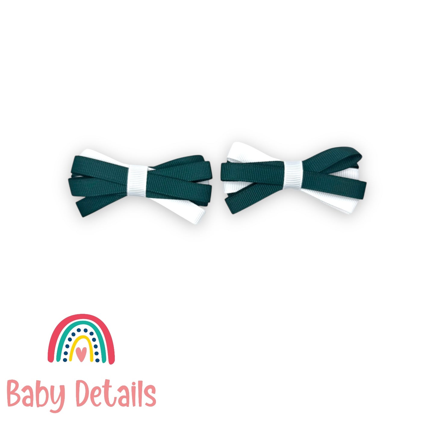 Set of 2 Thin Bow Hair Clips - Deep Green & White