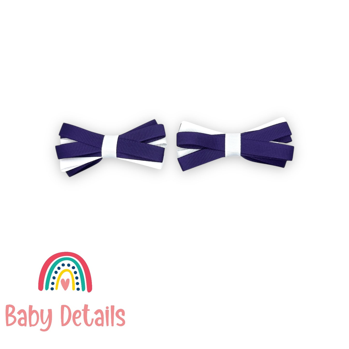 Set of 2 Thin Bow Hair Clips - Dark Purple & White