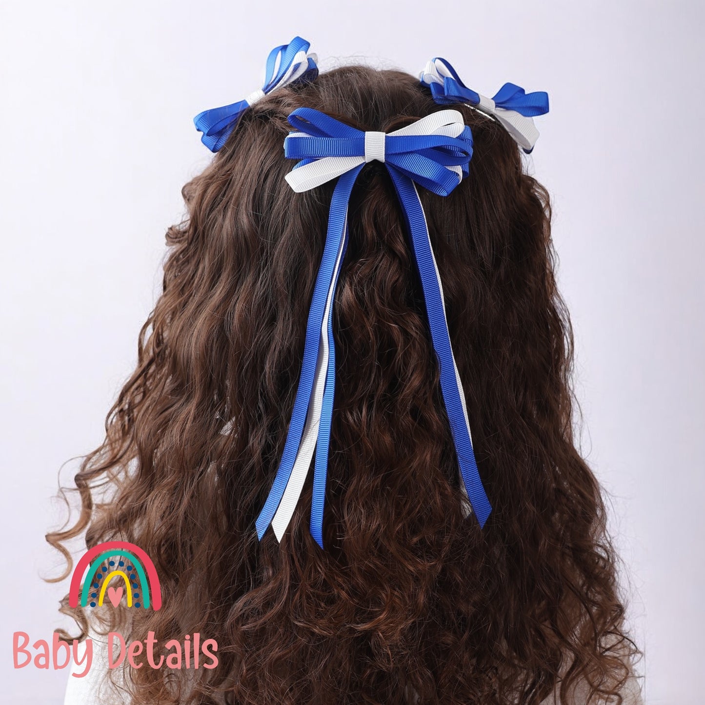 Thin Bow Long Ribbon Hair Clip - Royal Blue & White