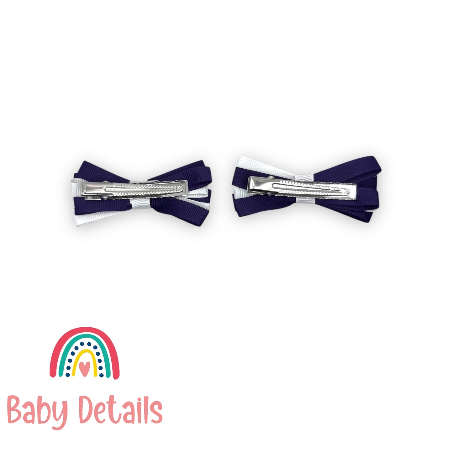 Set of 2 Thin Bow Hair Clips - Dark Purple & White