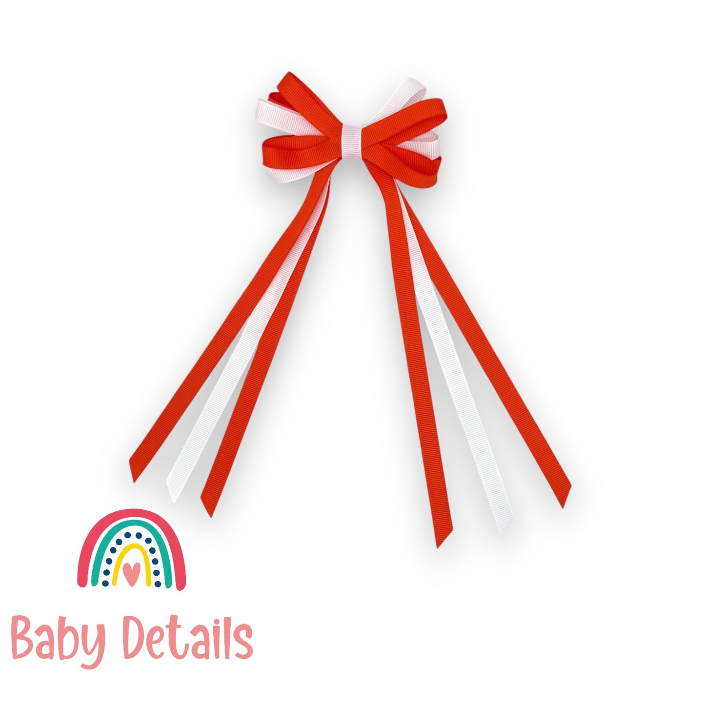 Thin Bow Long Ribbon Hair Clip - Orange & White