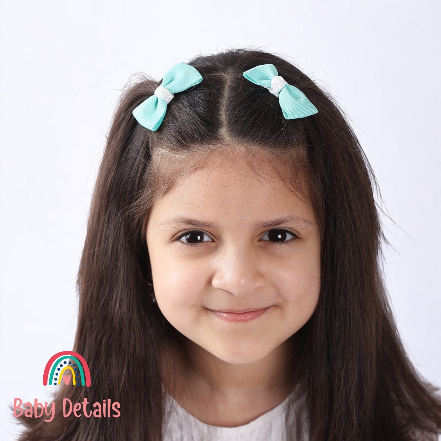 Set of 2 Mini Elegant Bow Hair Clips - Aqua Green & White