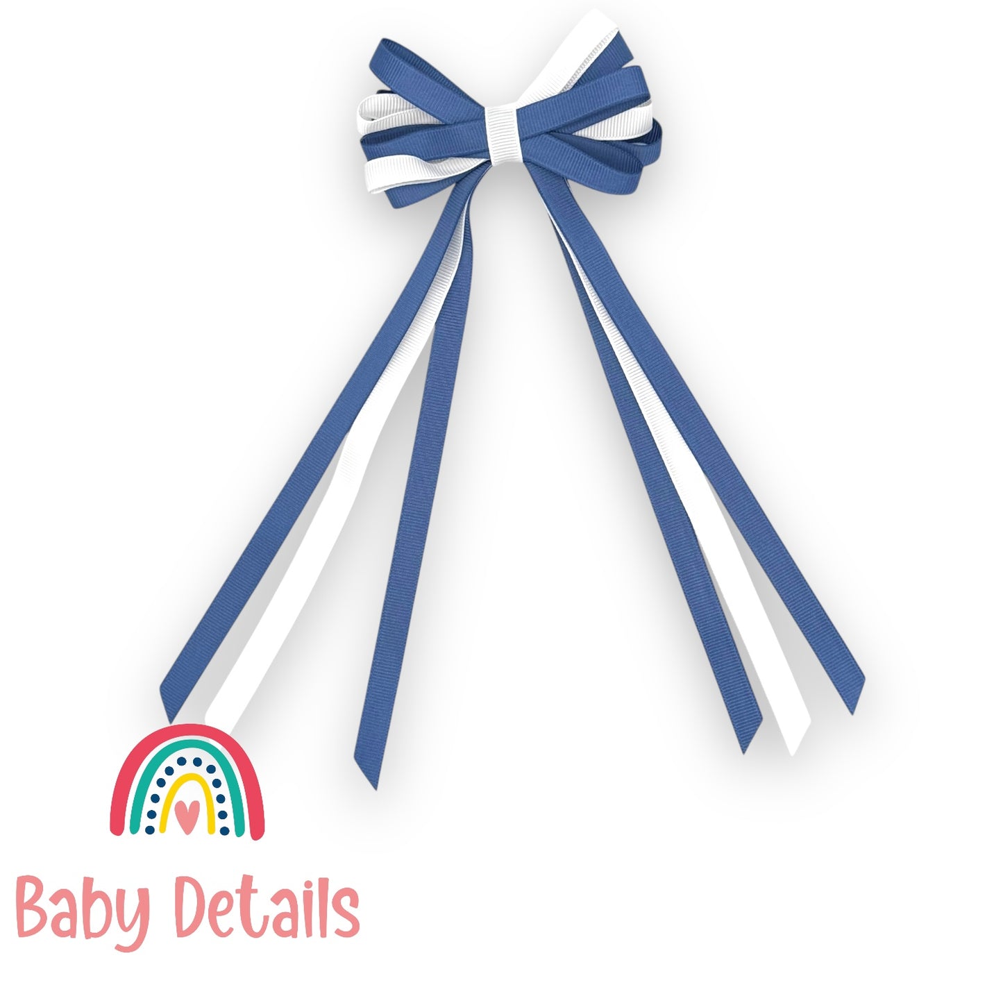 Thin Bow Long Ribbon Hair Clip - Blue Grey & White