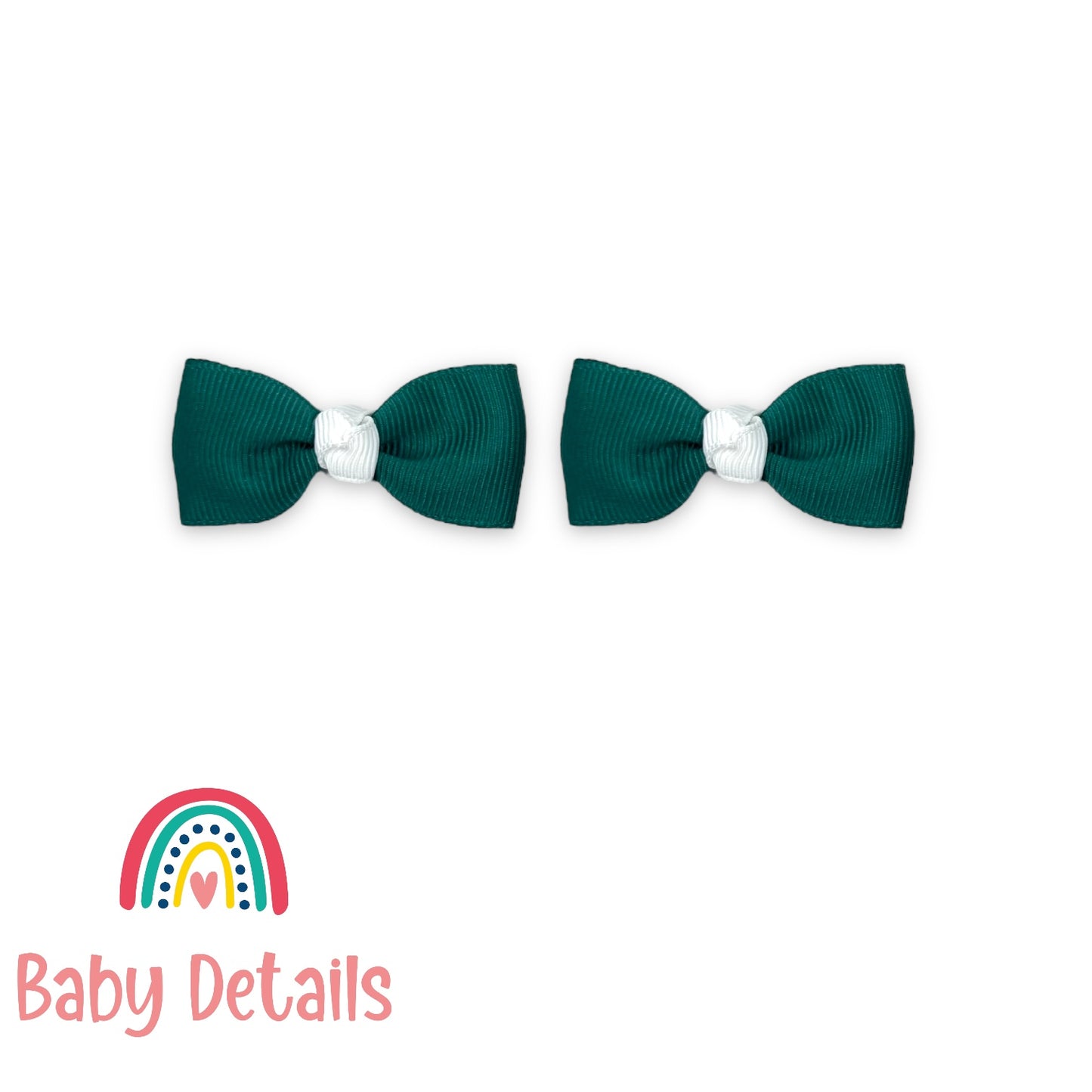 Set of 2 Mini Elegant Bow Hair Clips - Dark Green & White