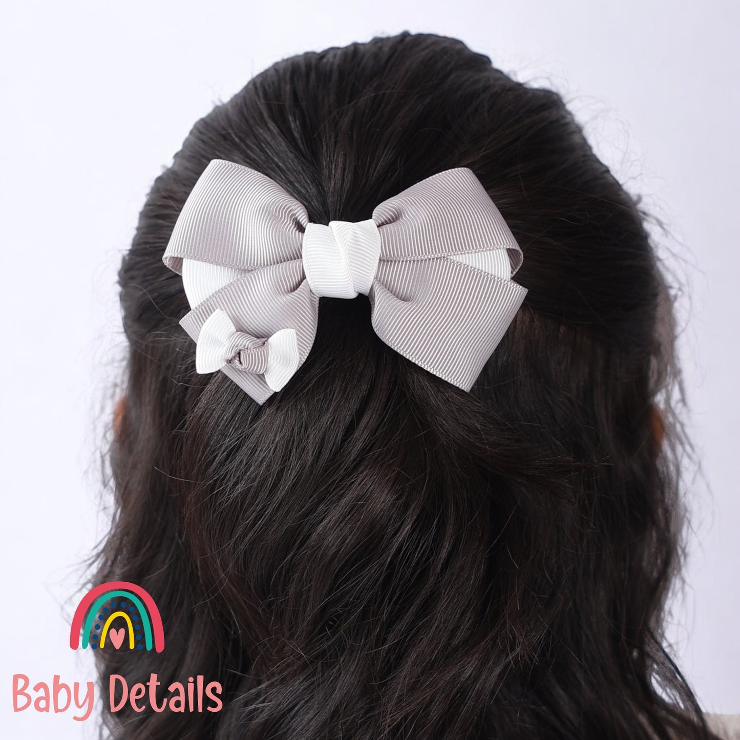 Elegant Pair Bow Clip- Light Grey & White