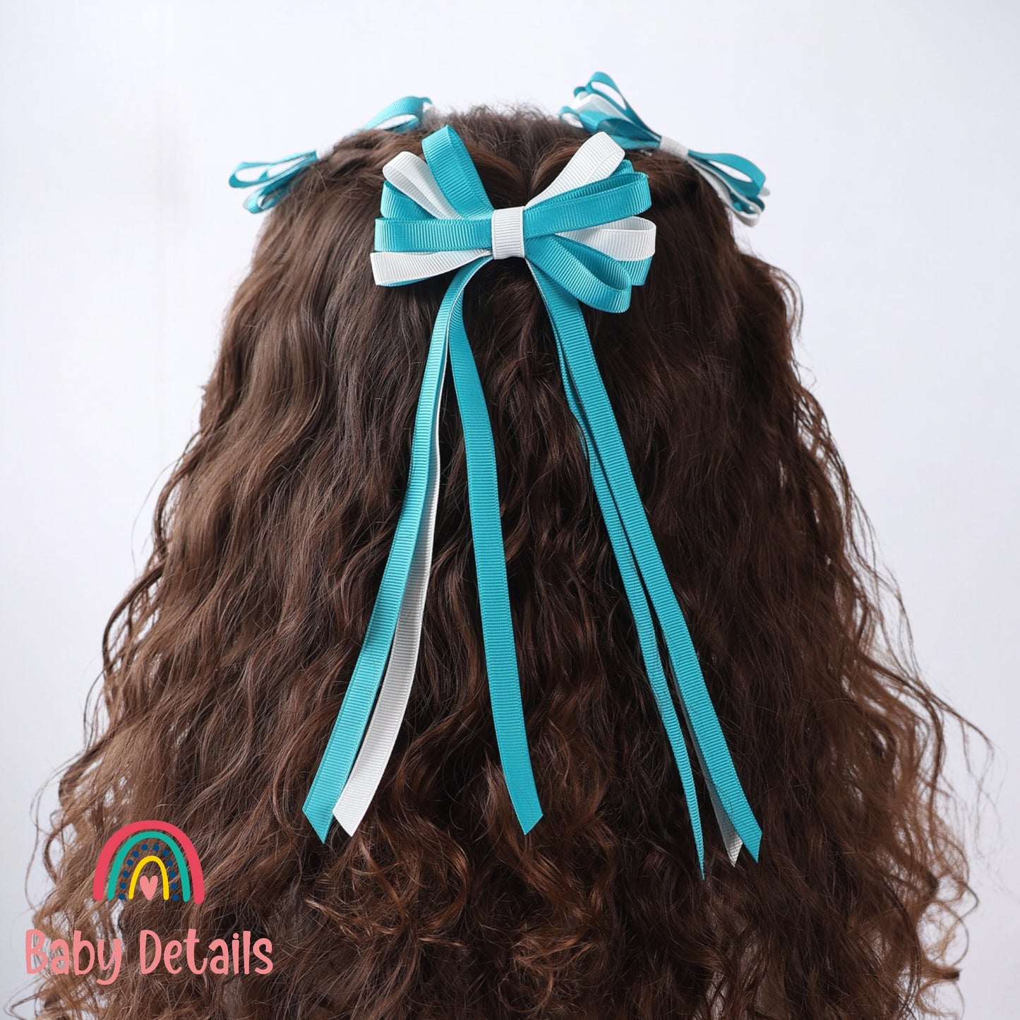 Thin Bow Long Ribbon Hair Clip - Pacific Blue & White