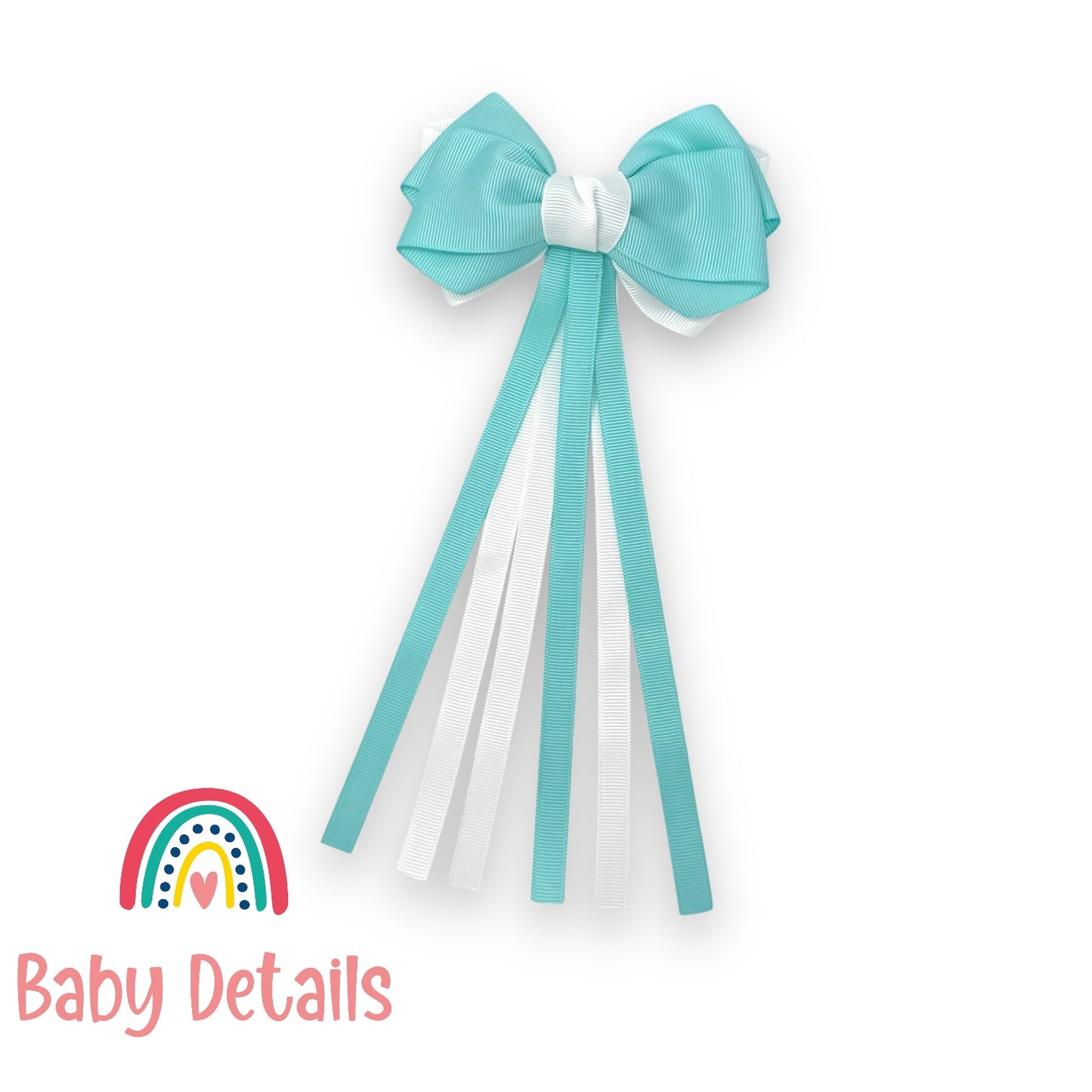 Big Bow Layers with Long Ribbons - Aqua Green & White
