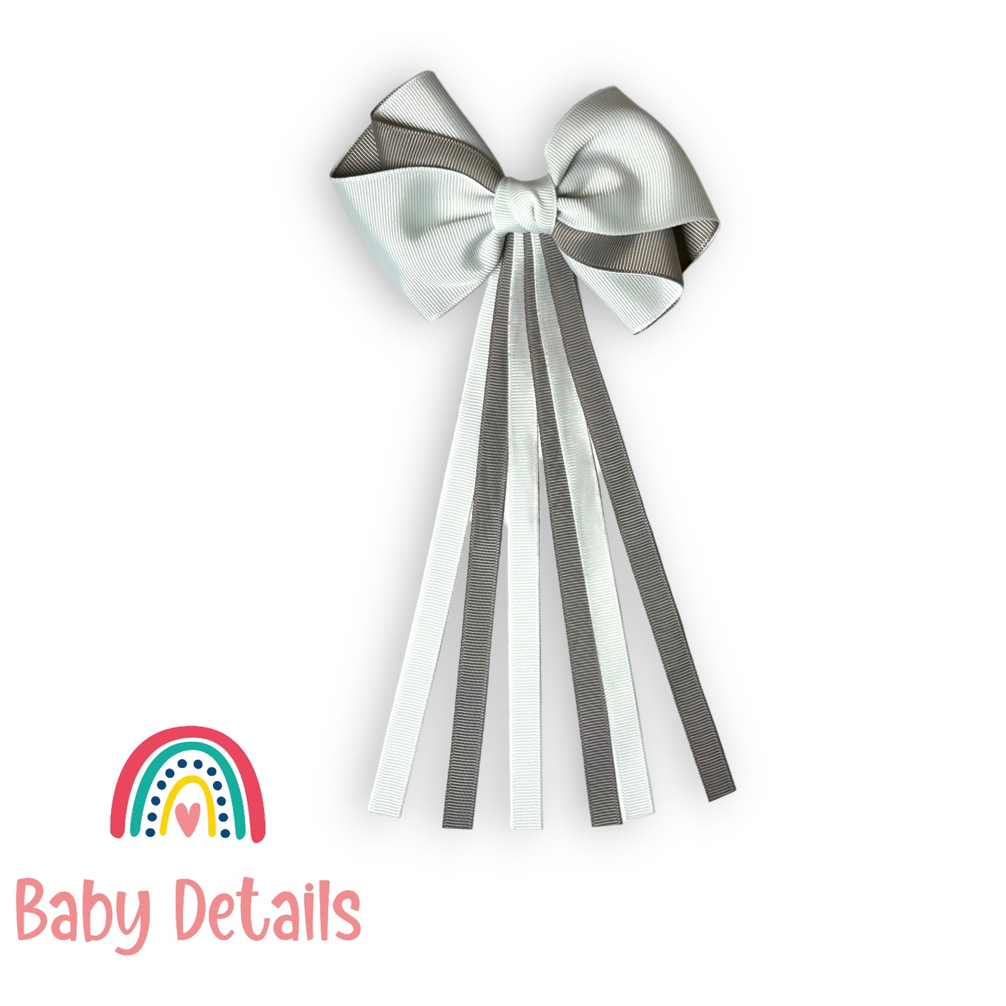 Curved bow with long ribbons hair clip - Light Grey & White