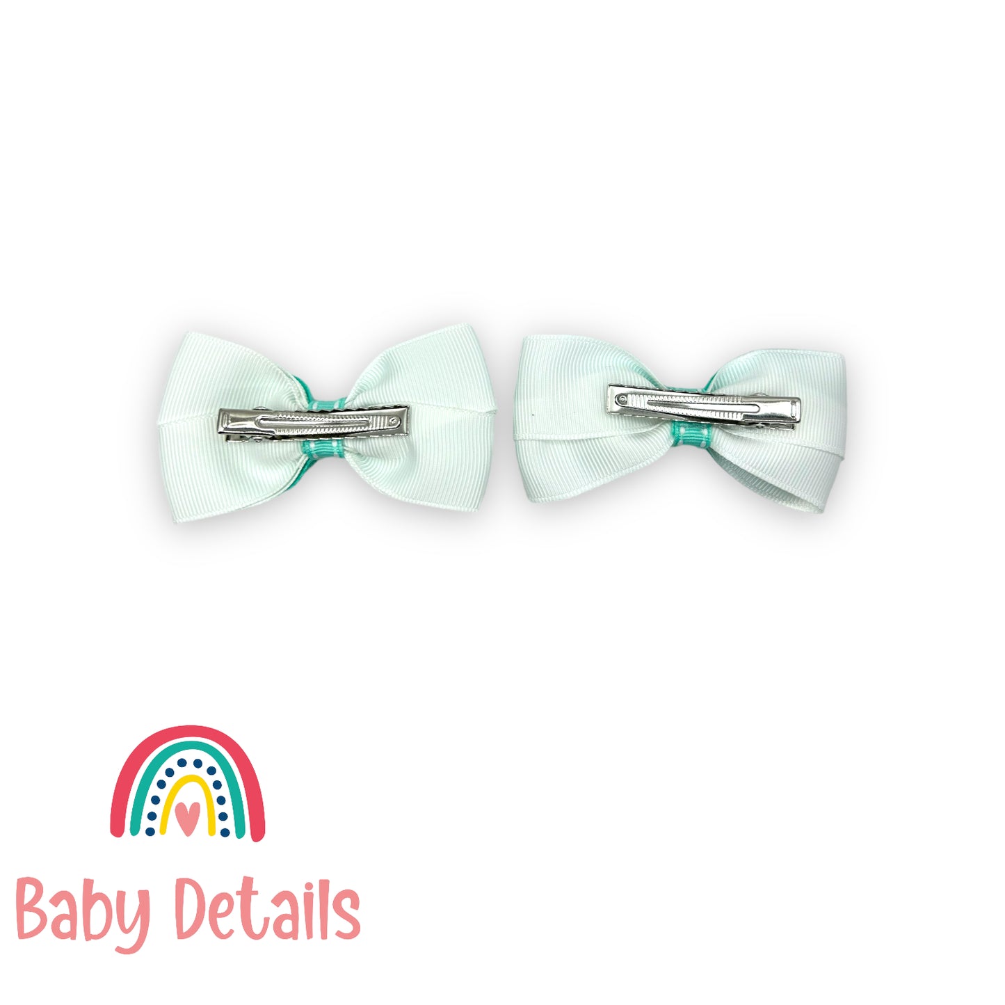 Set of 2 bow with stripe lines hair clips - Aqua Green & White