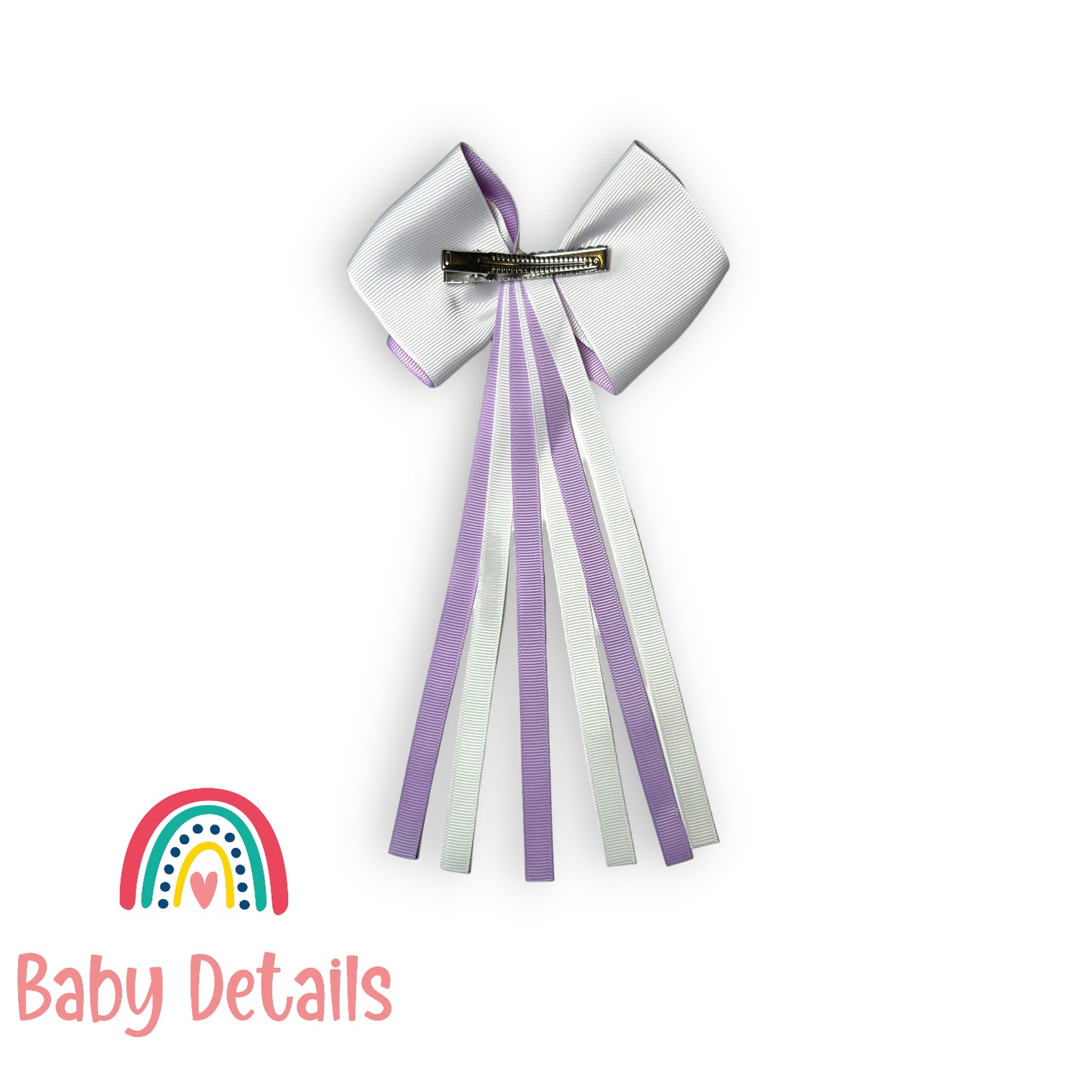 Curved bow with long ribbons hair clip - Purple & White