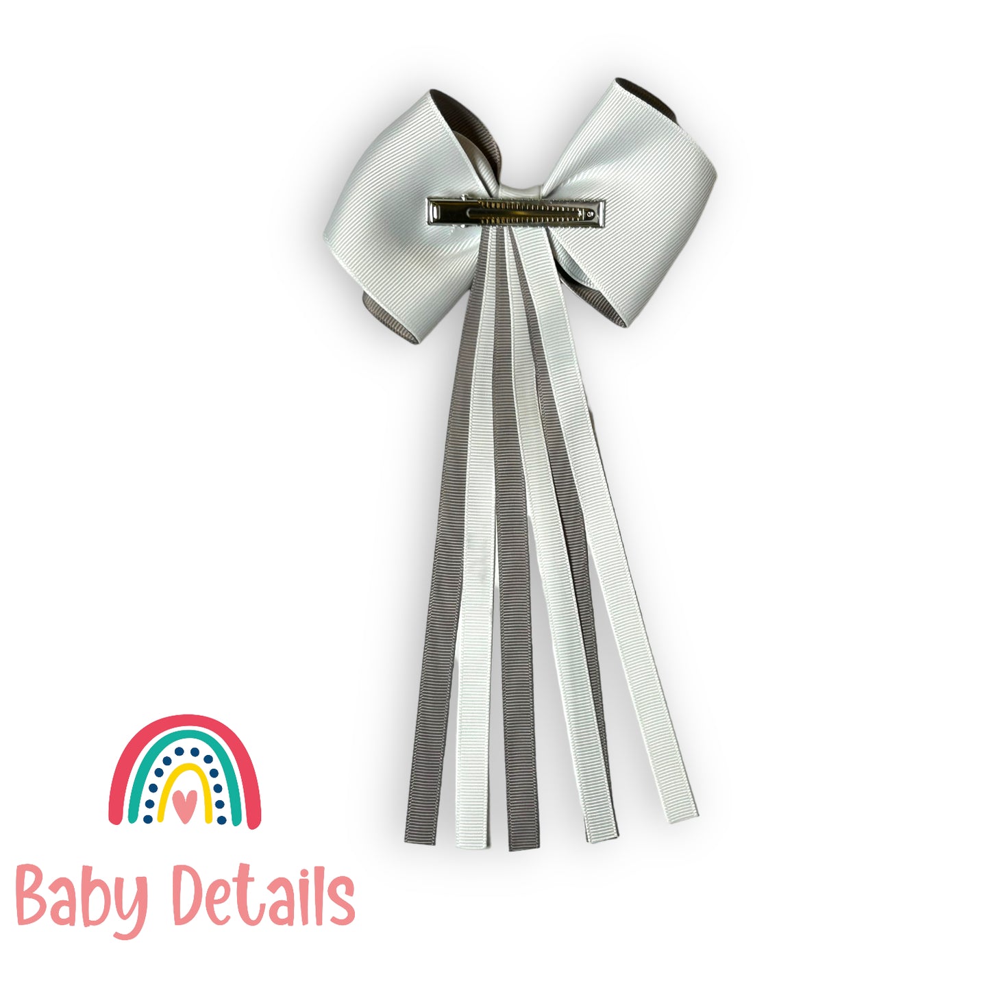 Curved bow with long ribbons hair clip - Light Grey & White