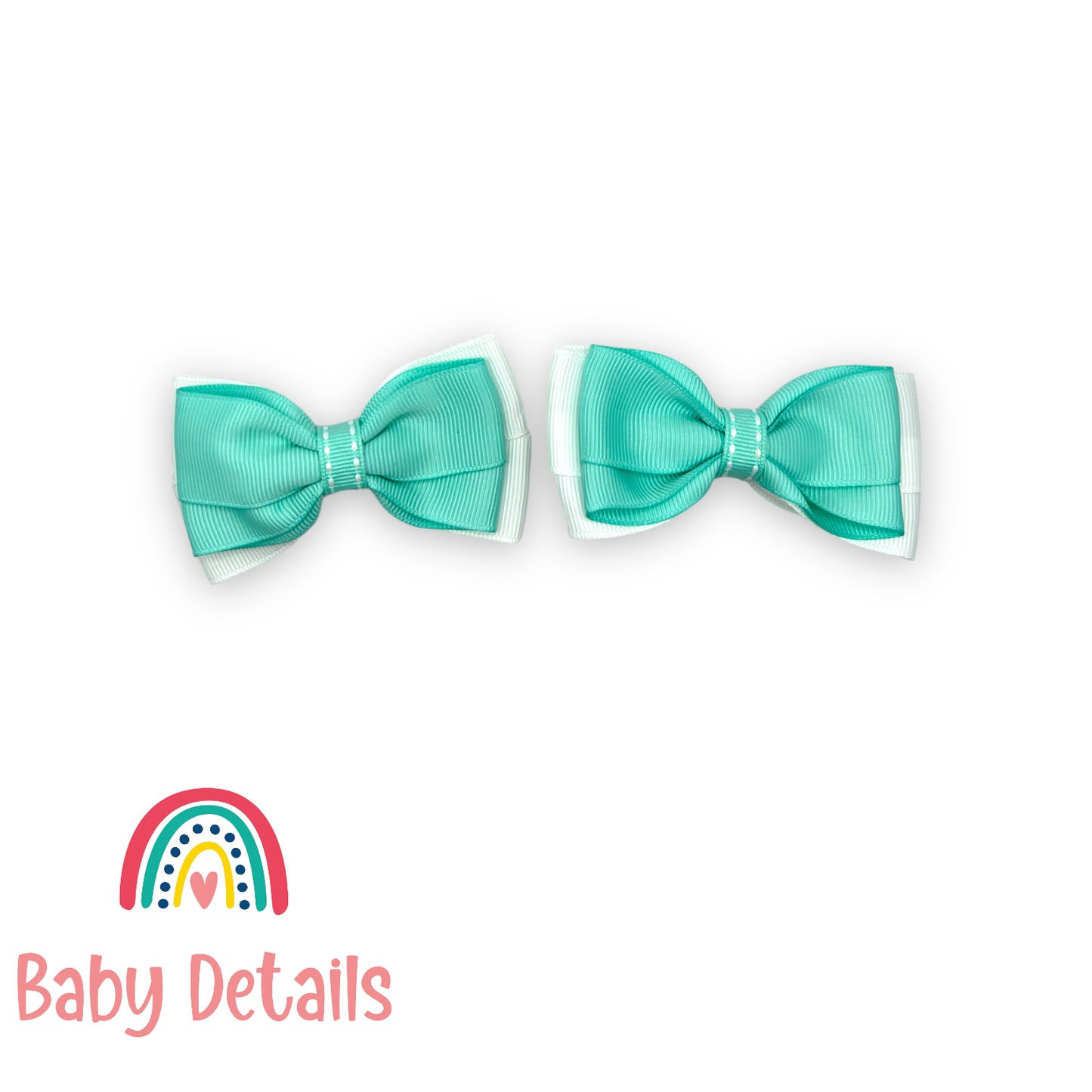 Set of 2 bow with stripe lines hair clips - Aqua Green & White