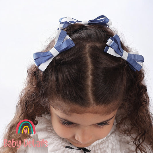 Set of 2 Thin Bow Hair Clips - Blue Grey & White