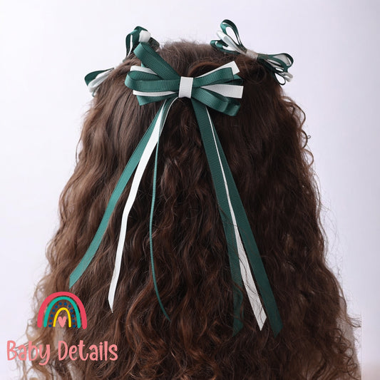 Thin Bow Long Ribbon Hair Clip - Dark Green & White