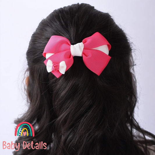 Elegant Pair Bow Clip- Fuchsia & White