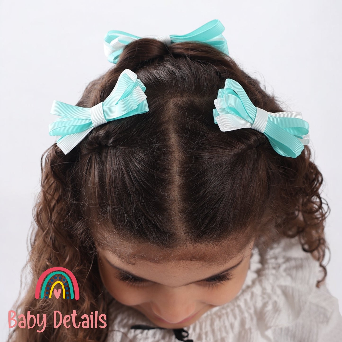 Set of 2 Thin Bow Hair Clips - Aqua Green & White