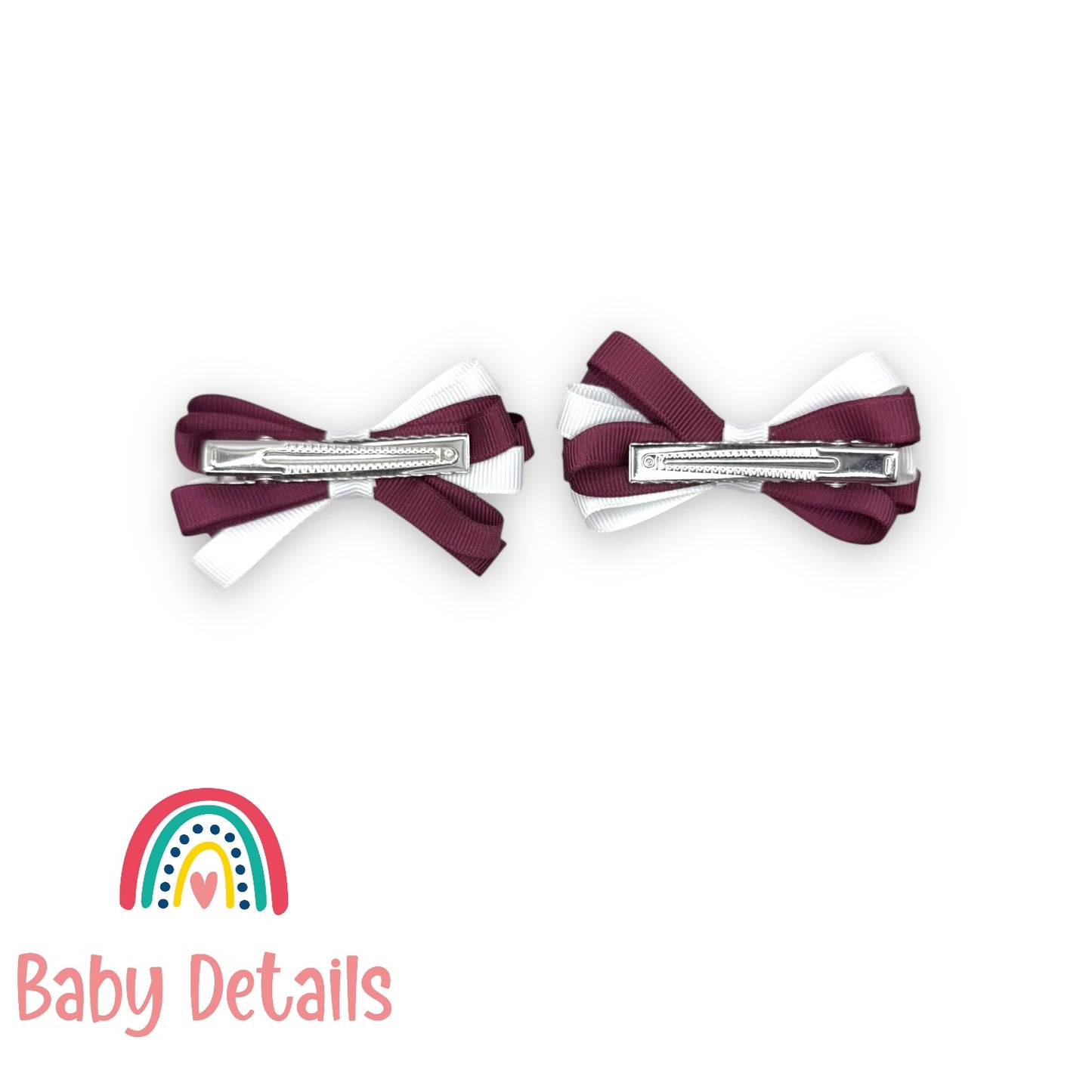 Set of 2 Thin Bow Hair Clips - Maroon & White