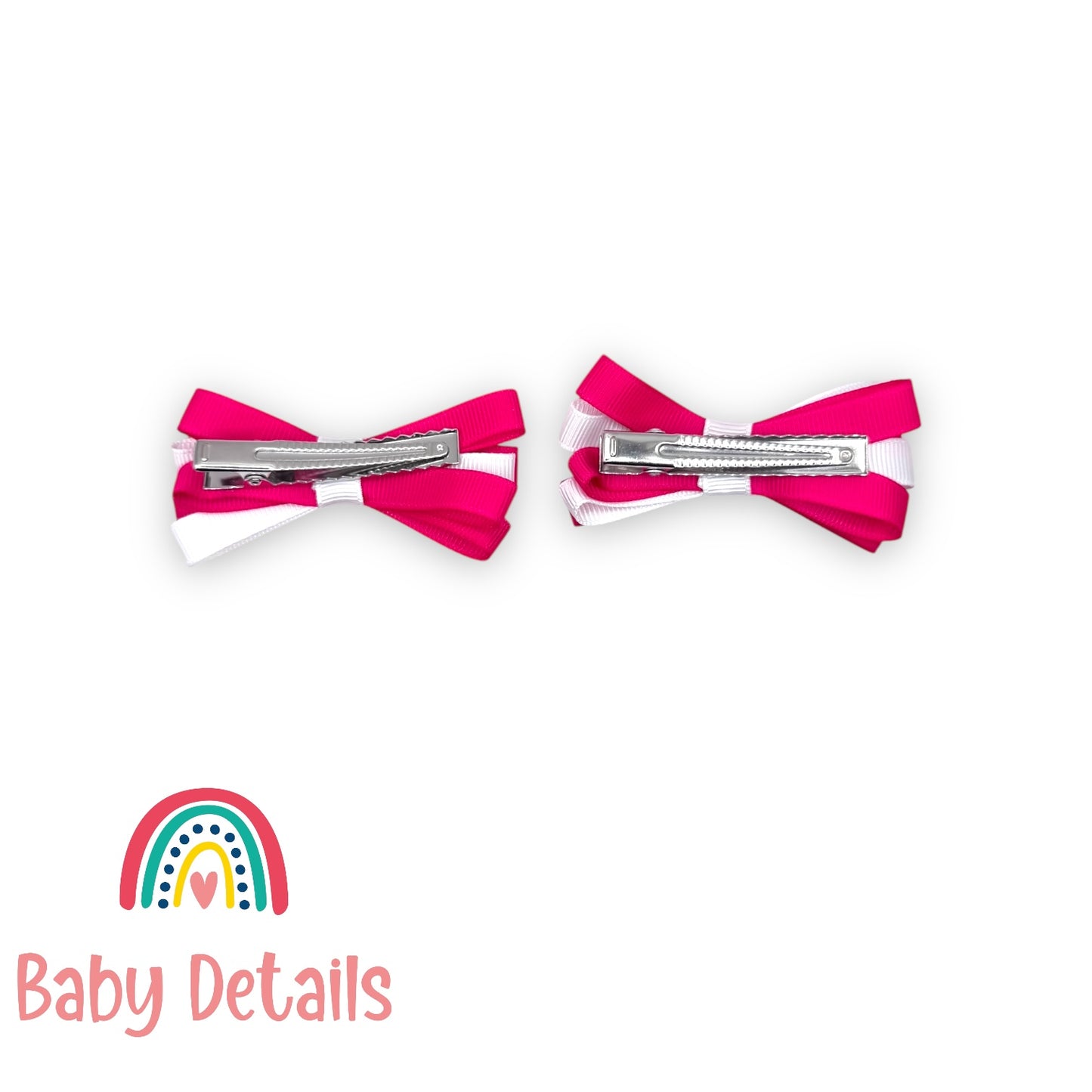 Set of 2 Thin Bow Hair Clips - Fuchsia & White