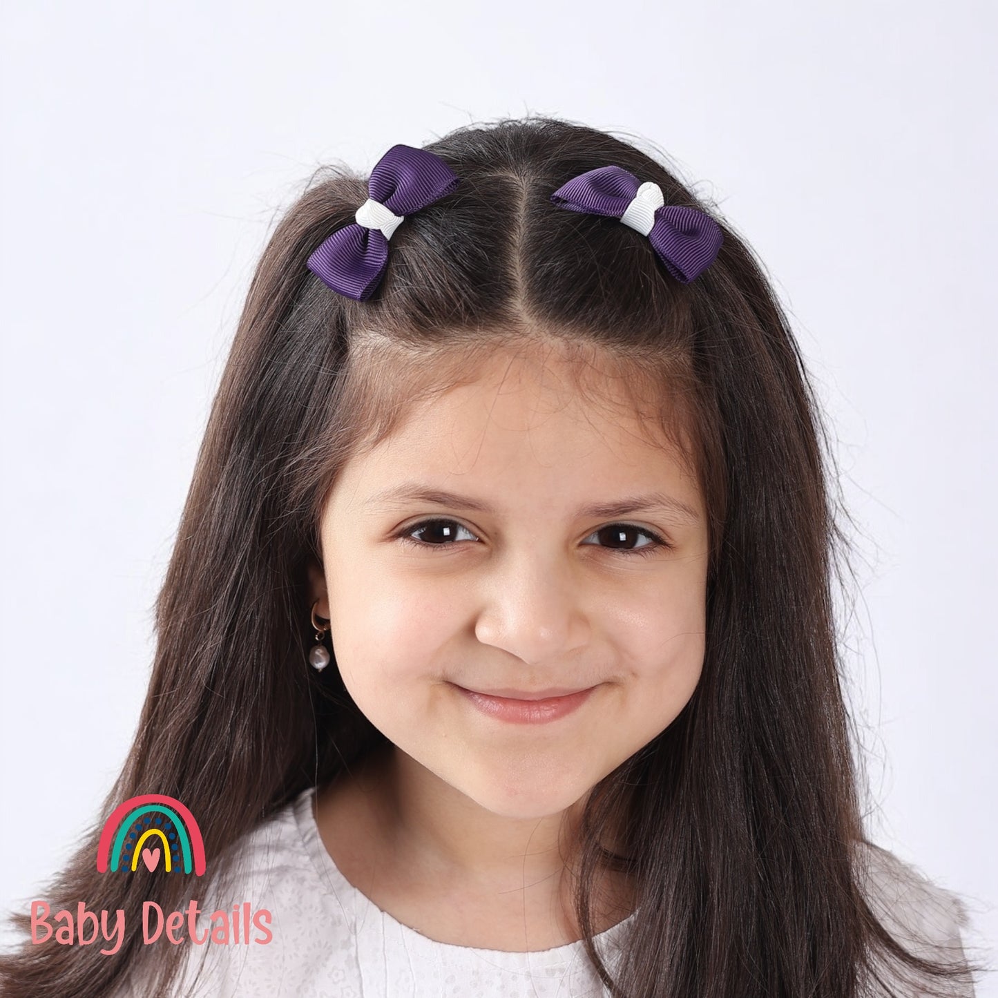 Set of 2 Mini Elegant Bow Hair Clips - Dark Purple & White