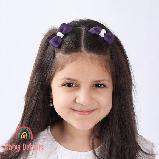 Set of 2 Mini Elegant Bow Hair Clips - Dark Purple & White