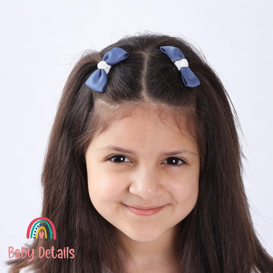 Set of 2 Mini Elegant Bow Hair Clips - Blue Grey & White