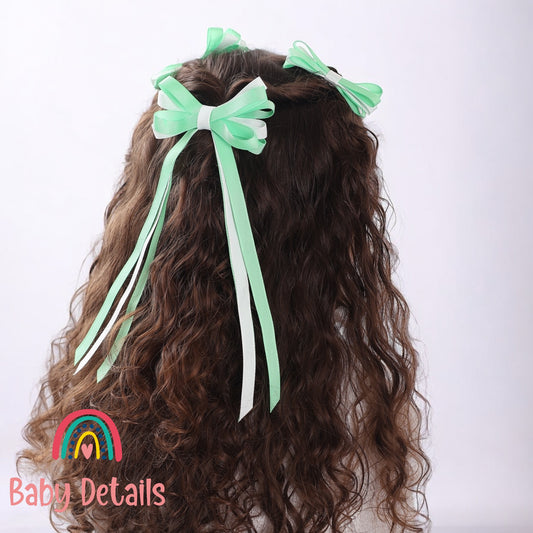 Thin Bow Long Ribbon Hair Clip - Bright Green & White