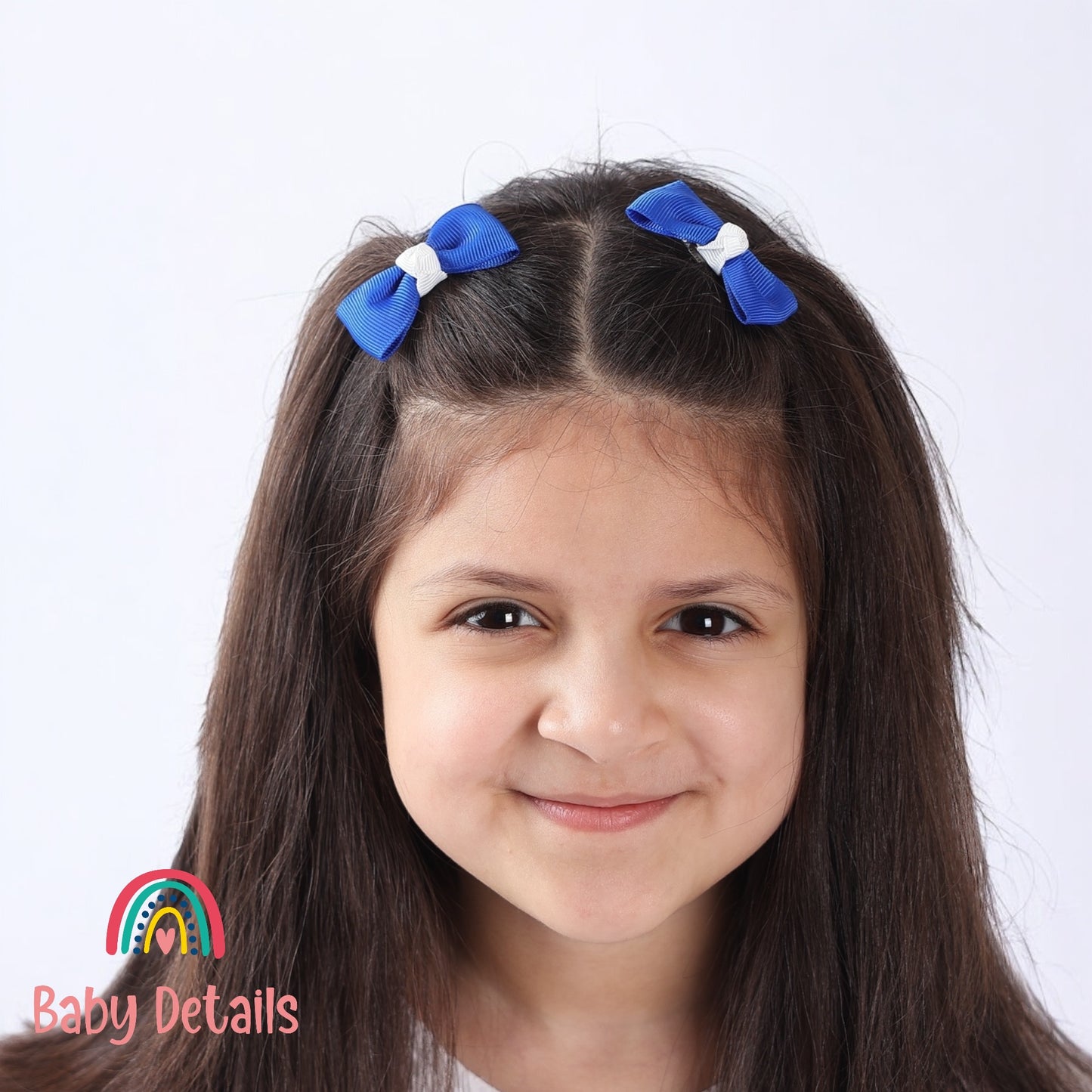 Set of 2 Mini Elegant Bow Hair Clips - Royal Blue & White