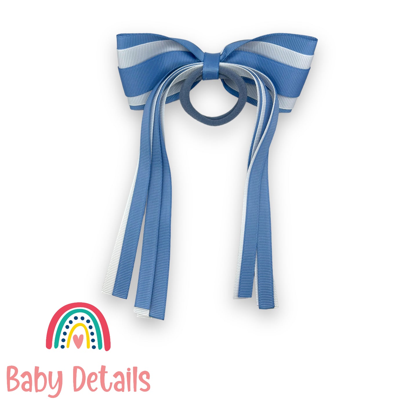 Hair Tie with long ribbons -  Ice Blue & White