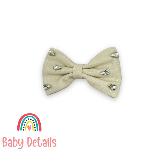 Linen Bow Hair Clip with Crystals - Beige