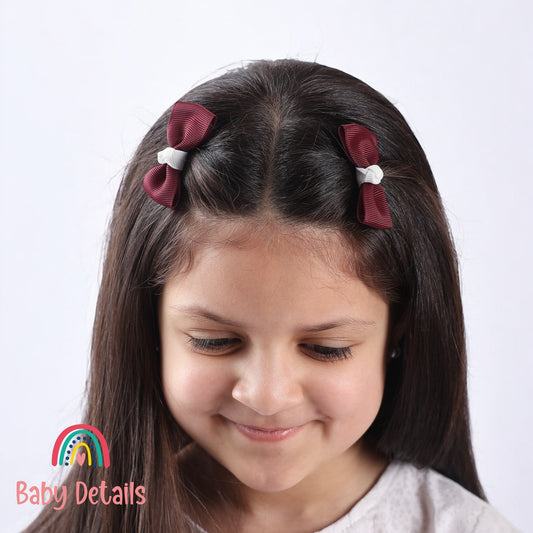 Set of 2 Mini Elegant Bow Hair Clips - Burgundy & White