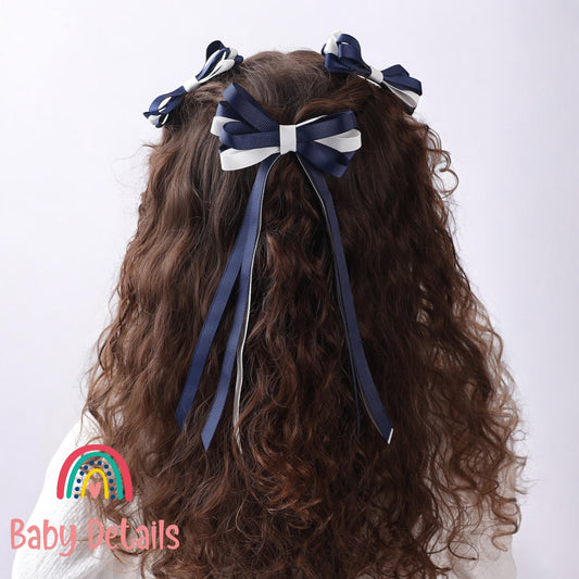 Thin Bow Long Ribbon Hair Clip - Navy Blue & White