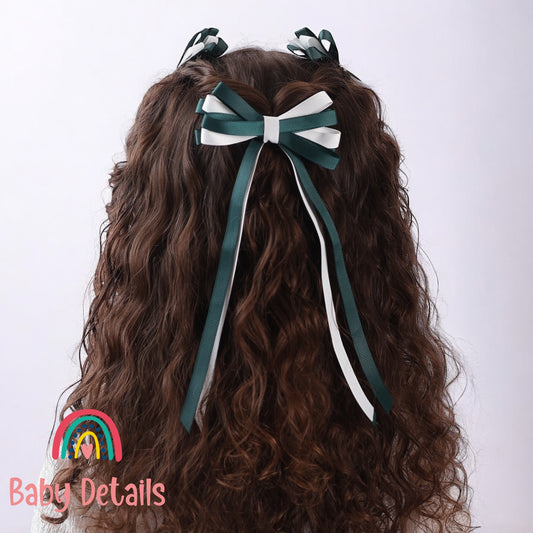 Thin Bow Long Ribbon Hair Clip - Deep Green & White