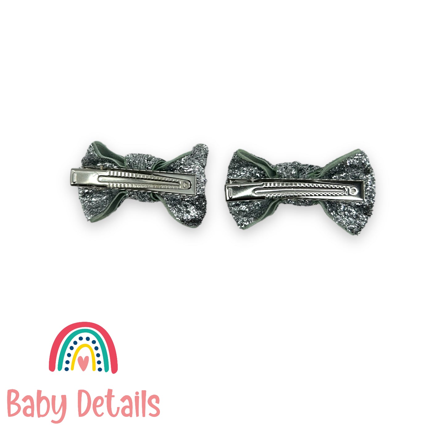 Set of 2 Mini Glitter Bow Clips - Silver