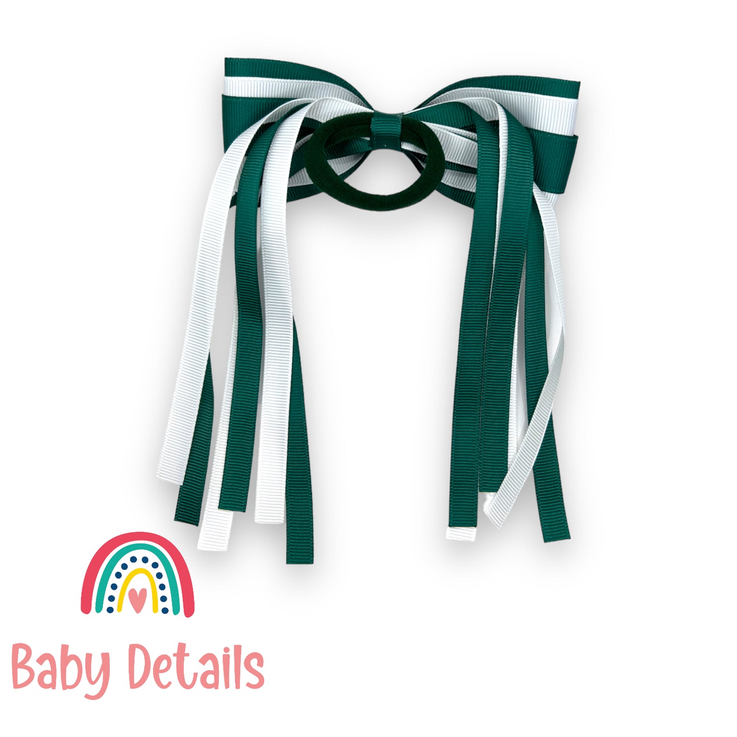 Hair Tie with long ribbons - Dark Green & White