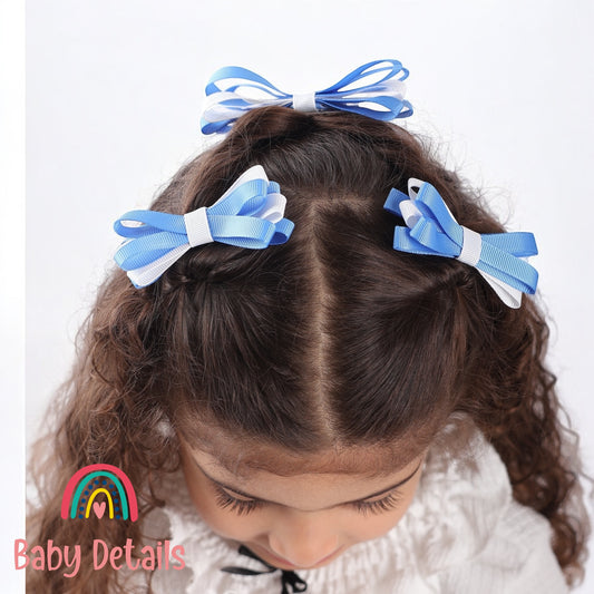 Set of 2 Thin Bow Hair Clips - Sky Blue & White