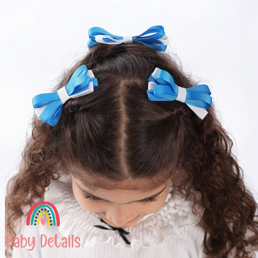 Set of 2 Thin Bow Hair Clips - Blue & White