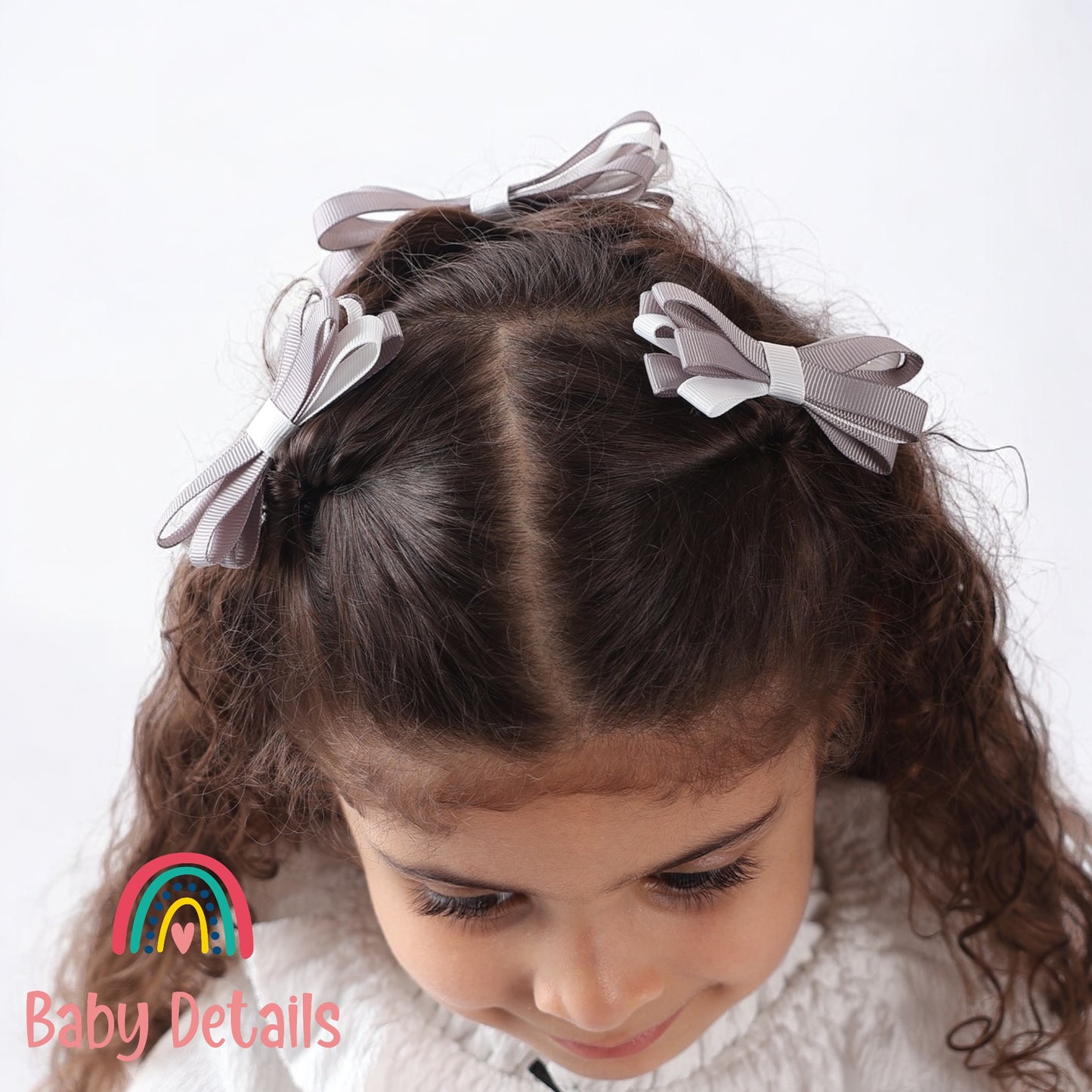 Set of 2 Thin Bow Hair Clips - Light Grey & White