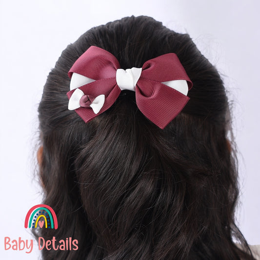 Elegant Pair Bow Clip- Burgundy & White