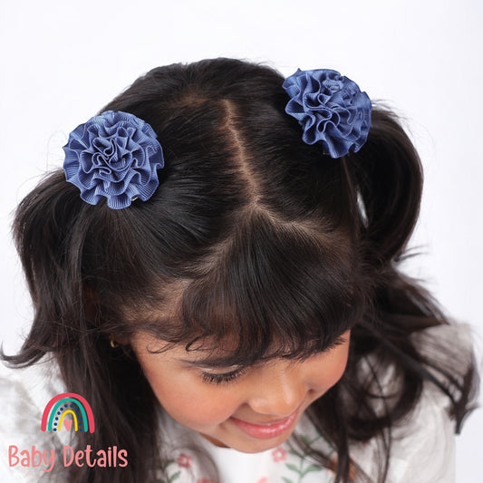 Set of 2 Rosette Bow Hair Clips - Blue Grey