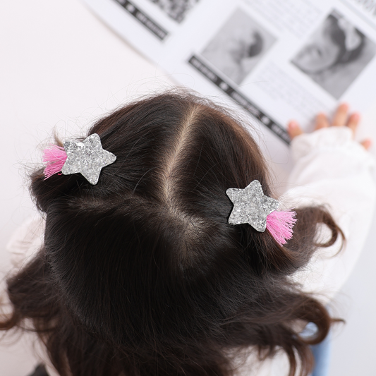 Classic Silver Glitter Star Hair Clips - Pink threads