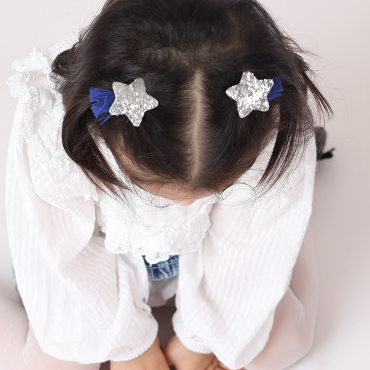 Classic Silver Glitter Star Hair Clips - Blue threads