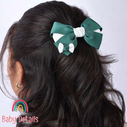 Elegant Pair Bow Clip- Dark Green & White