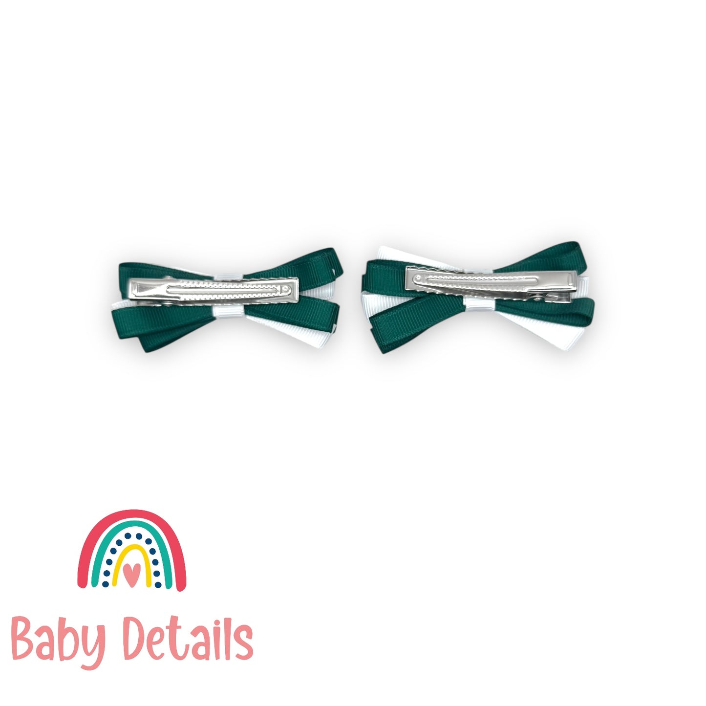Set of 2 Thin Bow Hair Clips - Dark Green & White