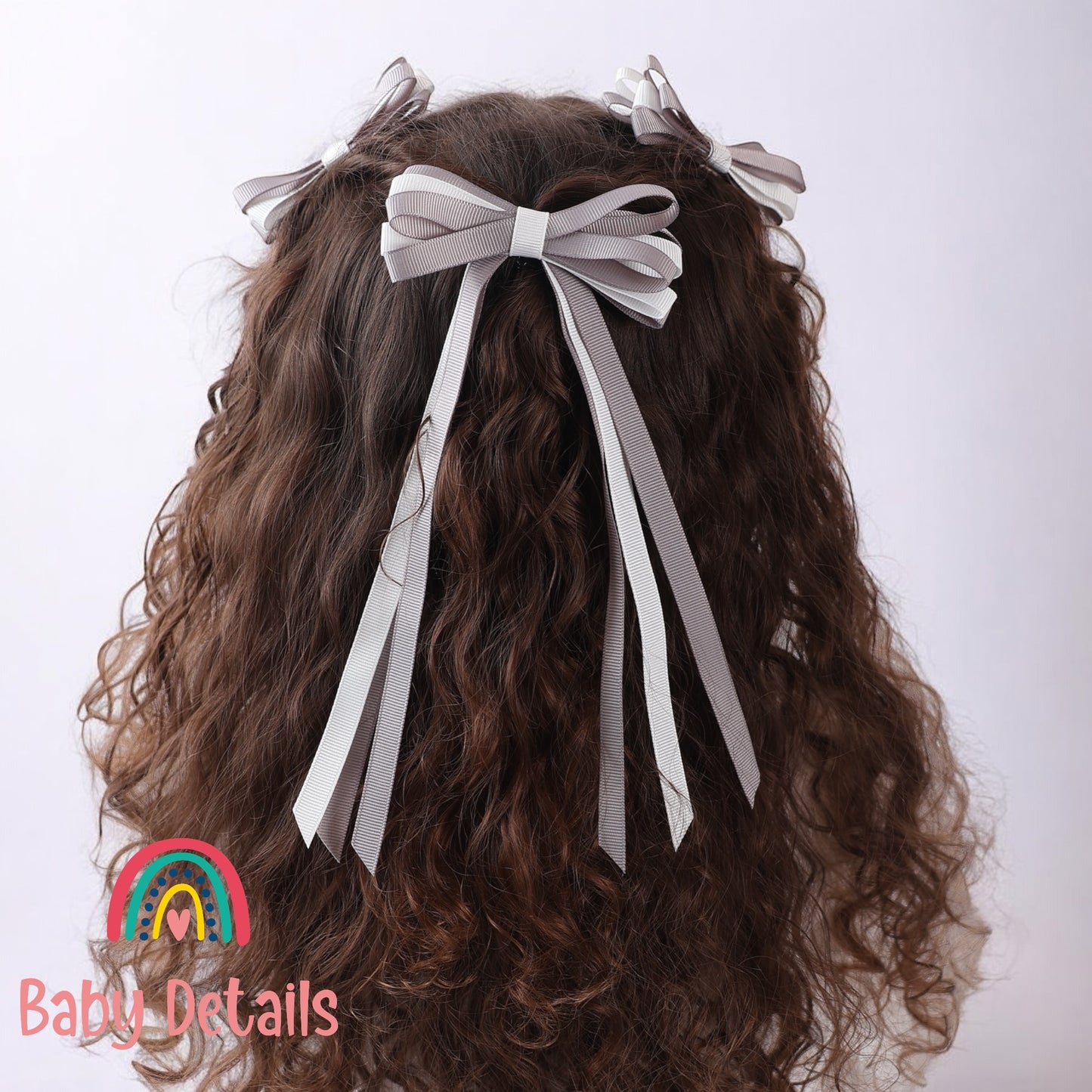 Thin Bow Long Ribbon Hair Clip - Light Grey & White