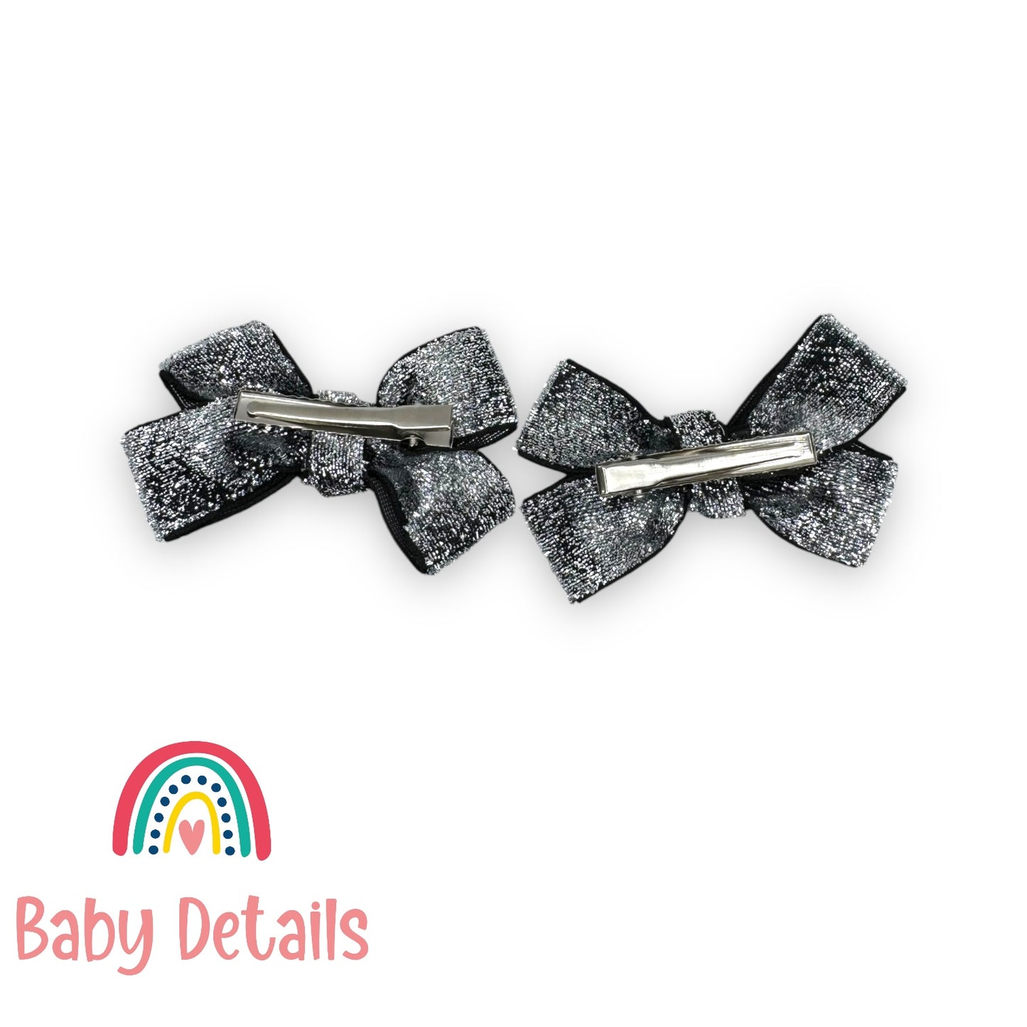 Set of 2 Glitter Bow Clips - Silver with Shade of Black